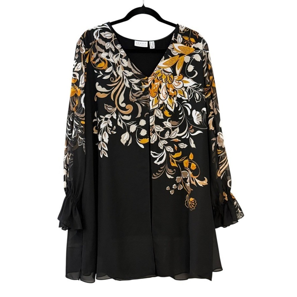 Susan Graver Flowy Chiffon Tunic Blouse 2X Black Floral Sheer Sleeve Fall Boho